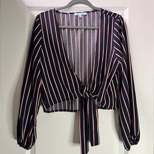 ‘She + Sky’ Long Sleeved, Navy Blue, Maroon and White Blouse, Size Large.